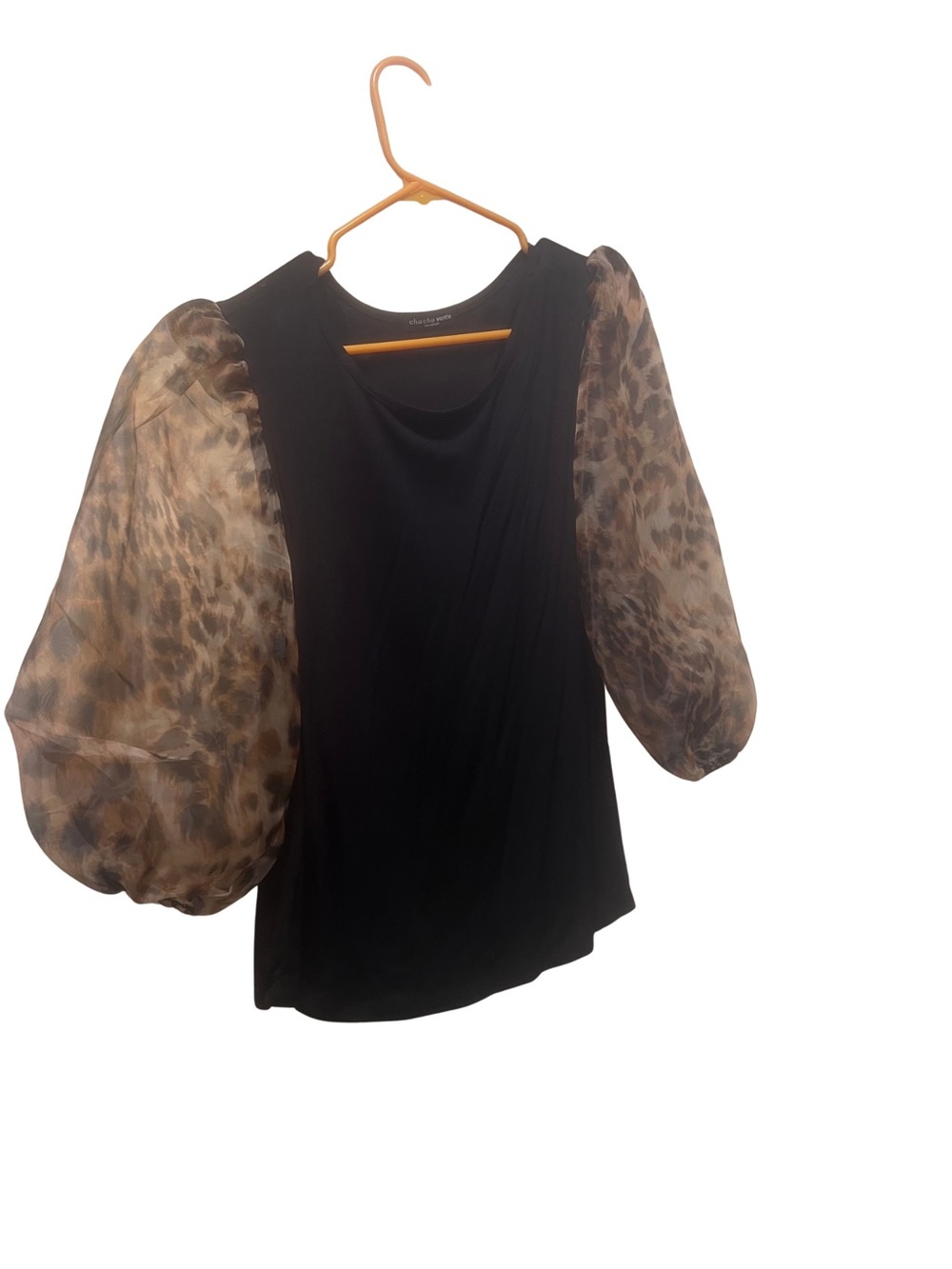 cha cha vente Black Top with Sheer Leopard Puff Sleeves (Bin 1-38)